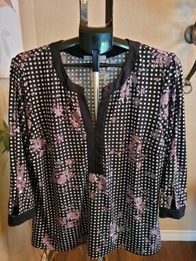 Cleo Women’s Black Polka Dot & Pink Floral Blouse